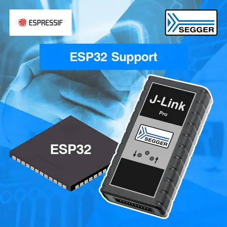 News graphic: SEGGER J-Link supports ESP32 devices with RISC-V core News graphic: Black chip on the left, black SEGGER J-Link on the right