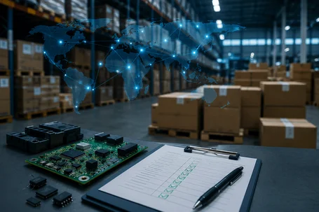 A circuit board and electronic components are displayed on a table in a warehouse. In the background, stacked cardboard boxes are visible. A translucent world map with glowing connection points overlays the scene, implying global logistics and connectivity.
