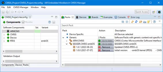 A software configuration interface displays various components for an embedded project. It includes options for selecting software packs like ARM.CMSIS and RTOS, with visual indicators for their statuses, such as "Up to date" and "Remove" buttons next to pack descriptions.