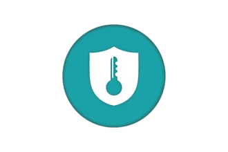 Icon depicting a key inside a shield, set against a teal circular background. The design symbolizes security and protection, often associated with safeguarding information or access.
