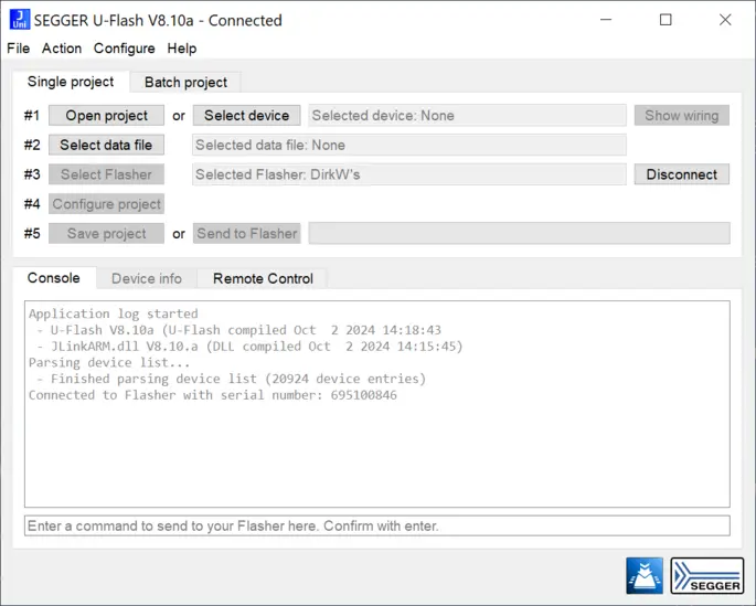 The image displays a computer software interface for SEGGER U-Flash version 8.10a. It features options for managing projects, connecting devices, and viewing a console log. Key sections include project management and a log detailing application activity, such as device connections and status updates.