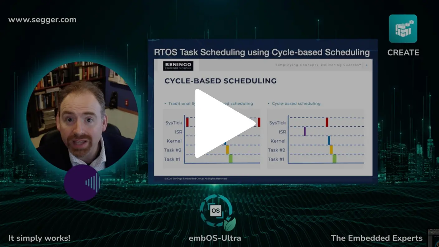 The image features a man speaking about RTOS task scheduling, with a presentation slide comparing traditional scheduling and cycle-based scheduling. The slide contains graphical representations of tasks and scheduling intervals. Below the image, there is a play button indicating a video presentation.