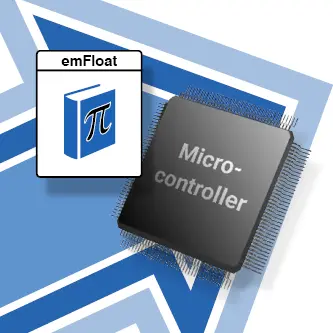 An illustration featuring a black microcontroller with the word "Microcontroller" prominently displayed. Next to it, an icon labeled "emFloat" shows a blue book with the pi symbol. The background consists of various blue geometric shapes.