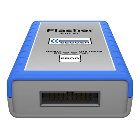 An electronic device labeled "Flasher PRO XL" with a blue casing. The top features status indicators for "Ready," "Not Ready," and "Fail," along with a "PROG" button. The front has a connector port with multiple pins visible.