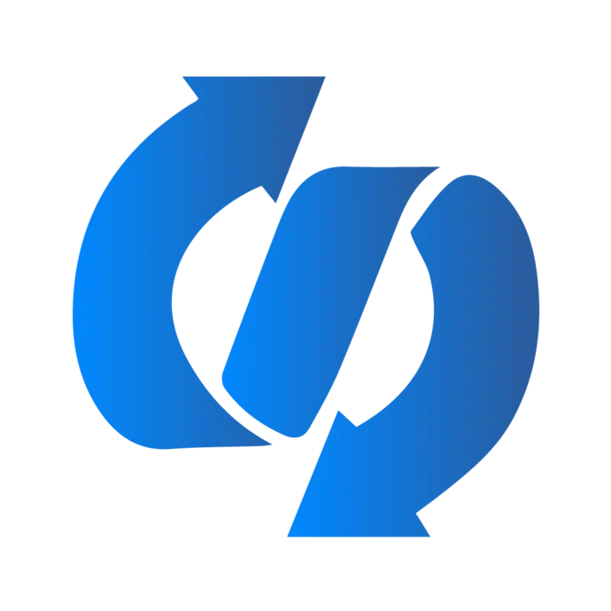 A stylized blue logo featuring two arrows forming a circular motion around a central shape, symbolizing recycling, renewal, or interchange. The design emphasizes fluidity and movement, conveying a message of continuous cycle or change.