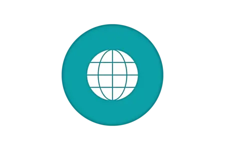 A circular icon featuring a simplified globe design in white, set against a teal background. The globe is represented by curved lines and grid patterns, symbolizing global connectivity and geography.