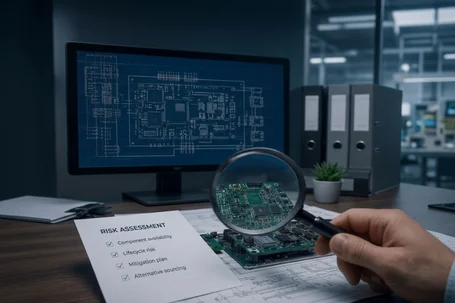 A hand holds a magnifying glass over a circuit board on a desk. In the background, a computer monitor displays engineering schematics. A printed risk assessment checklist, with items checked, lies on the desk, alongside some papers and a small plant.