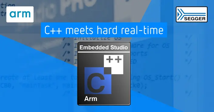 An illustration featuring the logo of ARM and the phrase "C++ meets hard real-time," alongside a visual representation of the Embedded Studio software interface. The background includes coded elements, emphasizing programming and real-time application development.