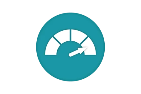 A circular gauge with a turquoise background, displaying a half-arch with four segments. An arrow points towards the right, indicating a measurement or level. The design suggests a focus on performance or progress.