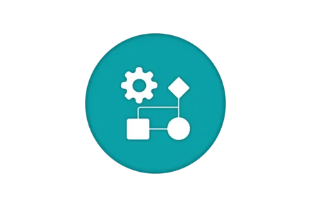 A circular icon featuring a white gear, a flowchart element, and geometric shapes on a teal background. This design suggests themes of technology, process management, or workflow visualization.