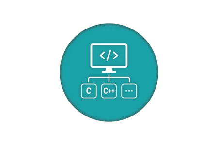 Icon illustrating computer programming, featuring a monitor displaying code symbols. Below the monitor, arrows point to boxes labeled "C," "C++," and an ellipsis, representing programming languages and their hierarchy. The background is a teal circular design.
