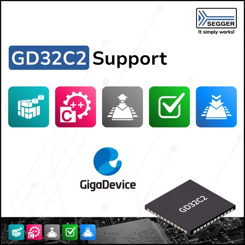 J-Link and Flasher devices next to GigaDevice GD32C2  microcontroller