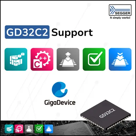 PR Graphic: J-Link and Flasher devices with GigaDevice chip J-Link and Flasher devices next to GigaDevice GD32C2 microcontroller