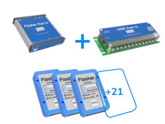 The image displays electronic devices used for programming, including a Flasher Hub-12, a USB Hub, and three Flasher Compact units. The arrangement shows connectivity features, with a visual indicator for the number of additional devices supported. The setup emphasizes ease of programming.
