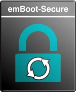 A teal padlock icon with rotation arrows is centered on a dark background. The text "emBoot-Secure" is displayed at the top in bold white letters. The image represents security and a focus on secure boot processes.