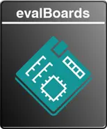 Graphic representing "evalBoards" featuring a stylized circuit board design. The board includes various shapes and lines symbolizing electronic components and connections, indicating its purpose for evaluation and development in electronics. The design is presented on a dark background.