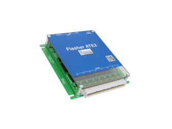 Image of a blue electronic device labeled "Flasher ATE2" on the top. The device features various connectors and a green circuit board base. It is designed for programming and debugging microcontrollers, emphasizing ease of use with the tagline "It simply works!"