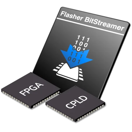 Illustration of a Flasher BitStreamer device with binary code flowing downward into a central chip. Two additional chips labeled "FPGA" and "CPLD" are positioned to the left and right. This image represents a programming or configuration tool for digital circuits.