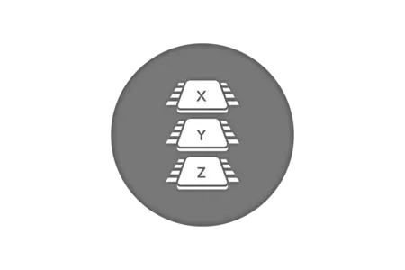 Icon featuring three rectangular elements, each labeled with the letters X, Y, and Z stacked vertically. The background is circular and gray, contrasting with the white elements. The design suggests a structured arrangement, possibly related to categorization or labeling.