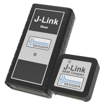 Two J-Link devices are displayed: one larger labeled "J-Link Base" and a smaller one labeled "J-Link Base Compact." Both have a sleek black design with a prominent SEGGER logo. These devices are used for programming and debugging embedded systems.