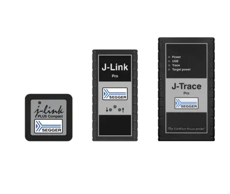 Images showing a piece of SEGGER's J-Link and J-Trace product portfolio showing J-Link PLUS Compact, J-Link Pro, and J-Trace PRO