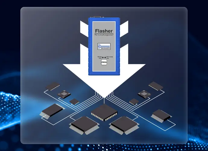 An electronic device labeled "Flasher" is shown, designed for programming. It is connected to multiple microchips represented around it, indicating a functionality for flashing or programming electronic components. The background features a gradient design, enhancing the technical aspect of the image.