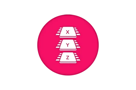 A circular pink icon features three horizontal white blocks labeled "X," "Y," and "Z," stacked vertically. Each block is flanked by lines, creating a stylized appearance. The design conveys organization or categorization of elements.