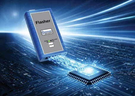 A blue electronic device labeled "Flasher" is depicted above a microchip on a circuit board. Digital light beams emanate from the device towards the chip, suggesting data transfer or programming activity. The background is composed of abstract digital patterns with glowing blue hues.
