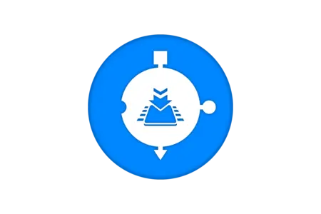 A circular icon with a solid blue background features a white silhouette of a downward arrow above a triangular shape, symbolizing the concept of downloading or receiving information. The overall design conveys a sense of action and movement related to data transfer.