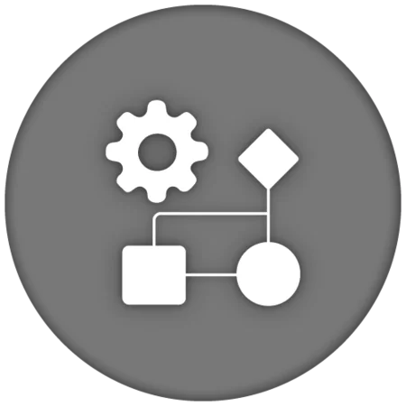 White icons of a gear, a diamond, a square, and a circle interconnected by lines, set against a gray circular background. The icons represent workflow or process mapping.