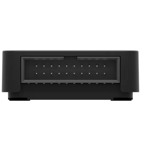 A sleek black hardware device, viewed from the front. It features a rectangular opening with a grid of small holes, suggesting a connectivity or communication function. The design is minimalistic, with smooth edges and a modern appearance.