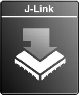 Graphic representing the J-Link, featuring a downward arrow above a stylized microchip icon. The design is in shades of gray, emphasizing the connection and downloading aspects related to J-Link technology.