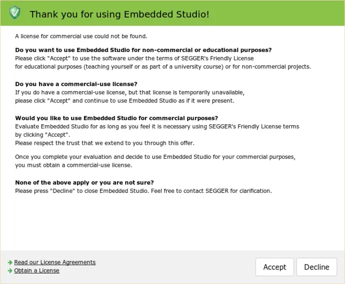 embedded studio license dialog