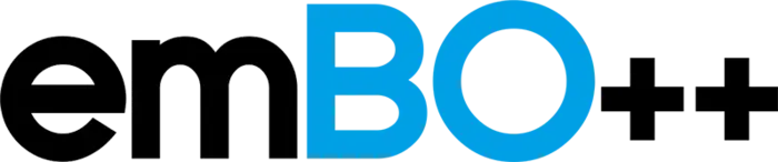 Logo displaying the text "emBO++", with "em" in black and "BO++" in blue, reflecting a modern design. The logo's aesthetic suggests a focus on technology or software.