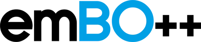 Logo displaying the text "emBO++", with "em" in black and "BO++" in blue, reflecting a modern design. The logo's aesthetic suggests a focus on technology or software.