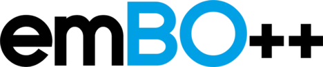 Logo displaying the text "emBO++", with "em" in black and "BO++" in blue, reflecting a modern design. The logo's aesthetic suggests a focus on technology or software.