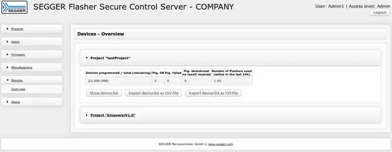 Screenshot of the SEGGER Flasher Secure Control Server interface, displaying project details for "testProject" and "EmpowerV1.0." Key data includes devices programmed, success and failure rates, and the number of flasher devices used within the last 24 hours.