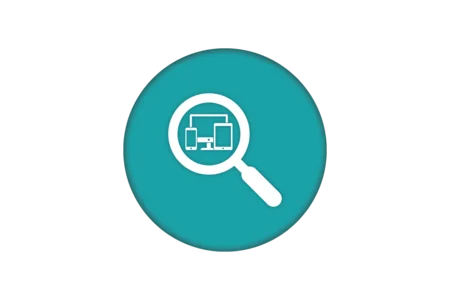Icon depicting a magnifying glass overlaying various digital devices, including a smartphone, tablet, and computer monitor, all set against a teal circular background.
