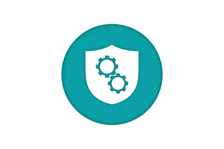 A teal circular icon features a white shield in the center, which contains two gears, one larger and one smaller. The symbol represents security and mechanisms, often associated with protection and operational efficiency.