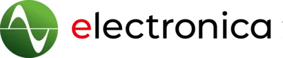 Logo of Electronica featuring a green circular element with a white sine wave inside, followed by the word "electronica" where the "e" is in red and the rest of the text is in white.