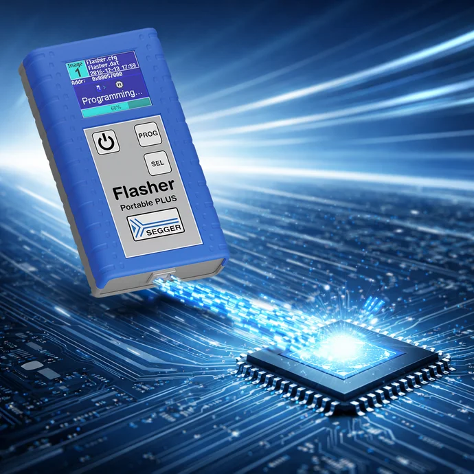 A blue electronic device labeled "Flasher Portable PLUS" is hovering above a microchip. A beam of light connects the device to the chip, suggesting a programming process. The background features a circuit board design with bright, dynamic light effects.