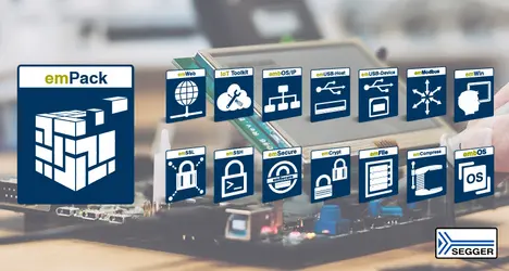 The image displays a product called "emPack" from SEGGER, featuring a central logo surrounded by various icons representing tools and features related to embedded systems, such as IoT, security, USB interfaces, and file management.