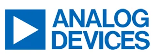 Logo of Analog Devices featuring a blue triangle pointing right inside a blue square, with the words "ANALOG DEVICES" displayed in bold, blue letters to the right. The design conveys a sense of modern technology and innovation.
