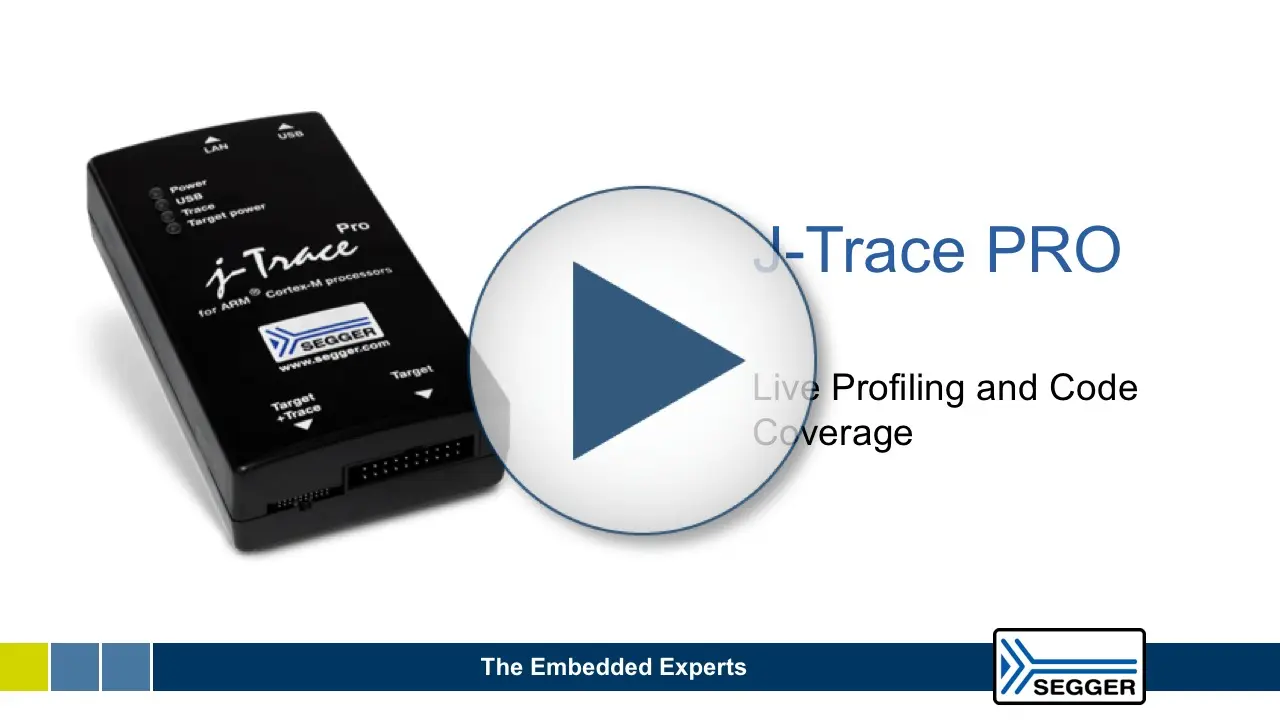 Image features a black device labeled "J-Trace PRO" for ARM Cortex-M processors, with indicators for power and connection status. It highlights "Live Profiling and Code Coverage." An overlay with a play symbol suggests interactive content related to the device. The SEGGER logo is also present.
