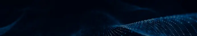 A dark blue background features softly flowing waves, creating a sense of depth and movement. Small white dots are scattered throughout, resembling a digital or technological pattern, contributing to an abstract and modern aesthetic.