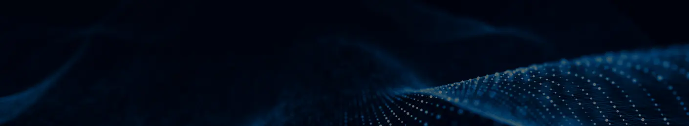 A dark blue background features softly flowing waves, creating a sense of depth and movement. Small white dots are scattered throughout, resembling a digital or technological pattern, contributing to an abstract and modern aesthetic.