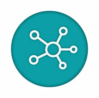 Icon of a molecule or network structure, featuring a central circle connected to several smaller circles by lines. The background is a teal color, and the design is minimalist and white.