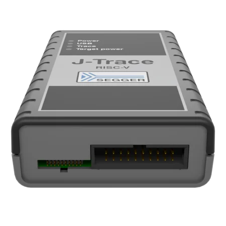 Alt text: A gray J-Trace RISC-V debugging tool featuring indicator lights for power, USB, and target power, with a connector port on one end for interfacing with hardware. The SEGGER logo is visible on the device.