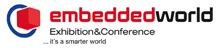 Logo for Embedded World, featuring the text "embeddedworld" with "Exhibition & Conference" below and the tagline "...it's a smarter world." The design uses bold red and black letters with a blue circular element.
