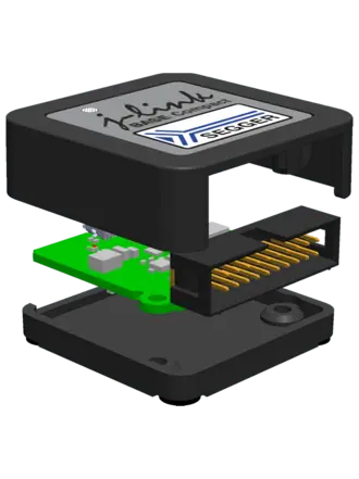 An exploded view of an electronic device, showing a black casing that houses a green circuit board with components and a connector. The circuit board features multiple small components, while golden pins are visible on one side of the assembly.